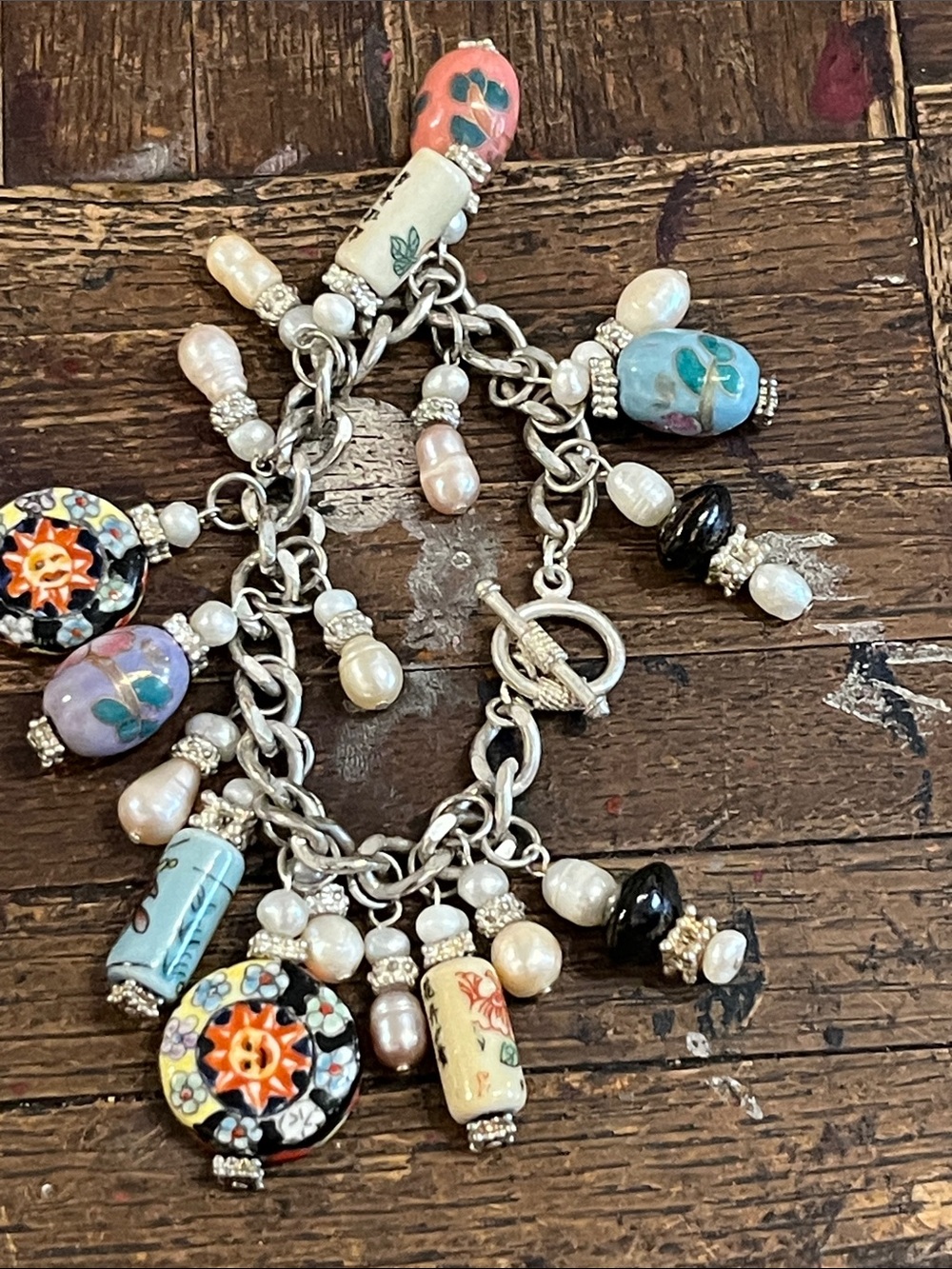 Artisan freshwater Pearl Charm Bracelet -cloisonné/enamel /milifori /charms - Picture 13 of 13